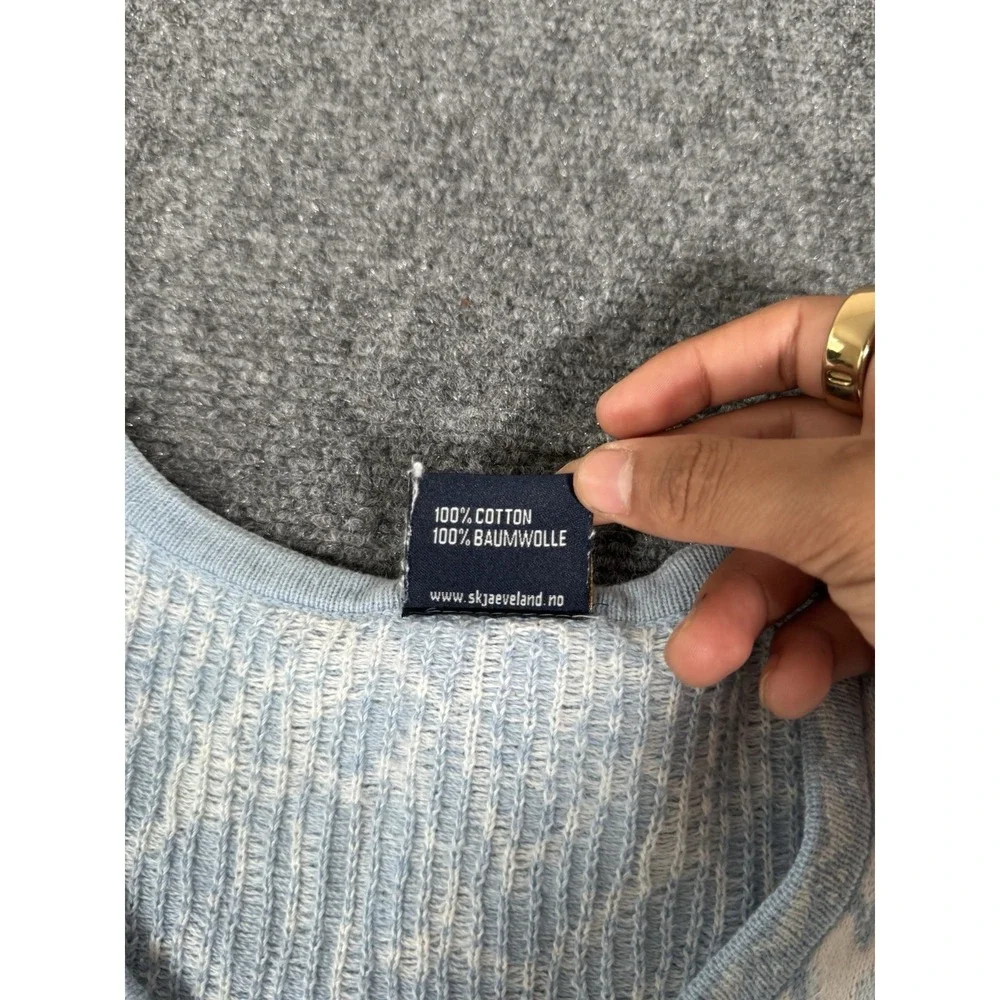 SKJAEVELAND Norway Nordic Cardigan Sweater Womens Small Blue White Heart Pattern